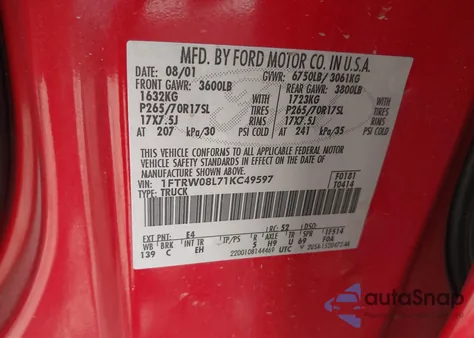 2001 Ford F-150 King Ranch Edition/Lariat/Xlt z USA, uszkodzony, nr VIN 1FTRW08L71KC49597